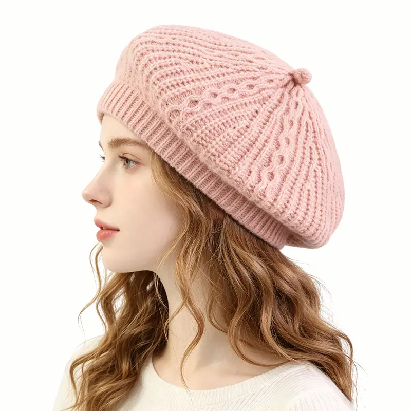 Viral Pink Cable Knit French Beret Cap Soft Warm Thick Painter Hat Ribbed Elastic Brim Slouchy Bonnet Women Autumn Winter Daily Wear