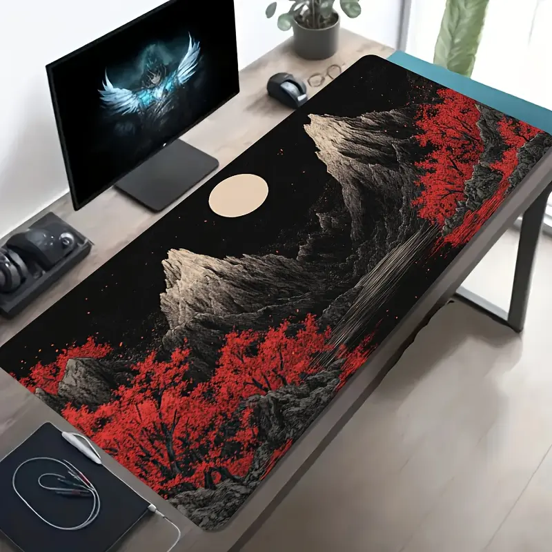 1pc Large-sized Esports Gaming Mouse Pad, Featuring a Moonlit Night with Two Mountains and Red Trees with Falling Foliage Pattern, Non-slip and Washable Rubber Base, Large-sized Desk Mat Office Desk Accessory, Computer Decor Accessory, Desktop Decor
