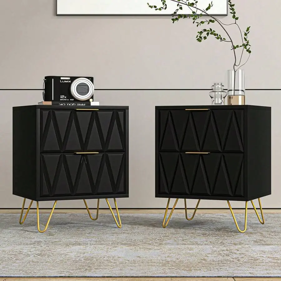 2 Pcs Black and Gold Bedside Tables - Modern Nightstands with 2 Drawers, Golden Metal Legs, Carved Lines, Sturdy & Long-Lasting Structure, Engineered Wood Multifunctional End Side Tables, No Power Needed Storage Cabinets for Bedroom Living Room, Modern Si