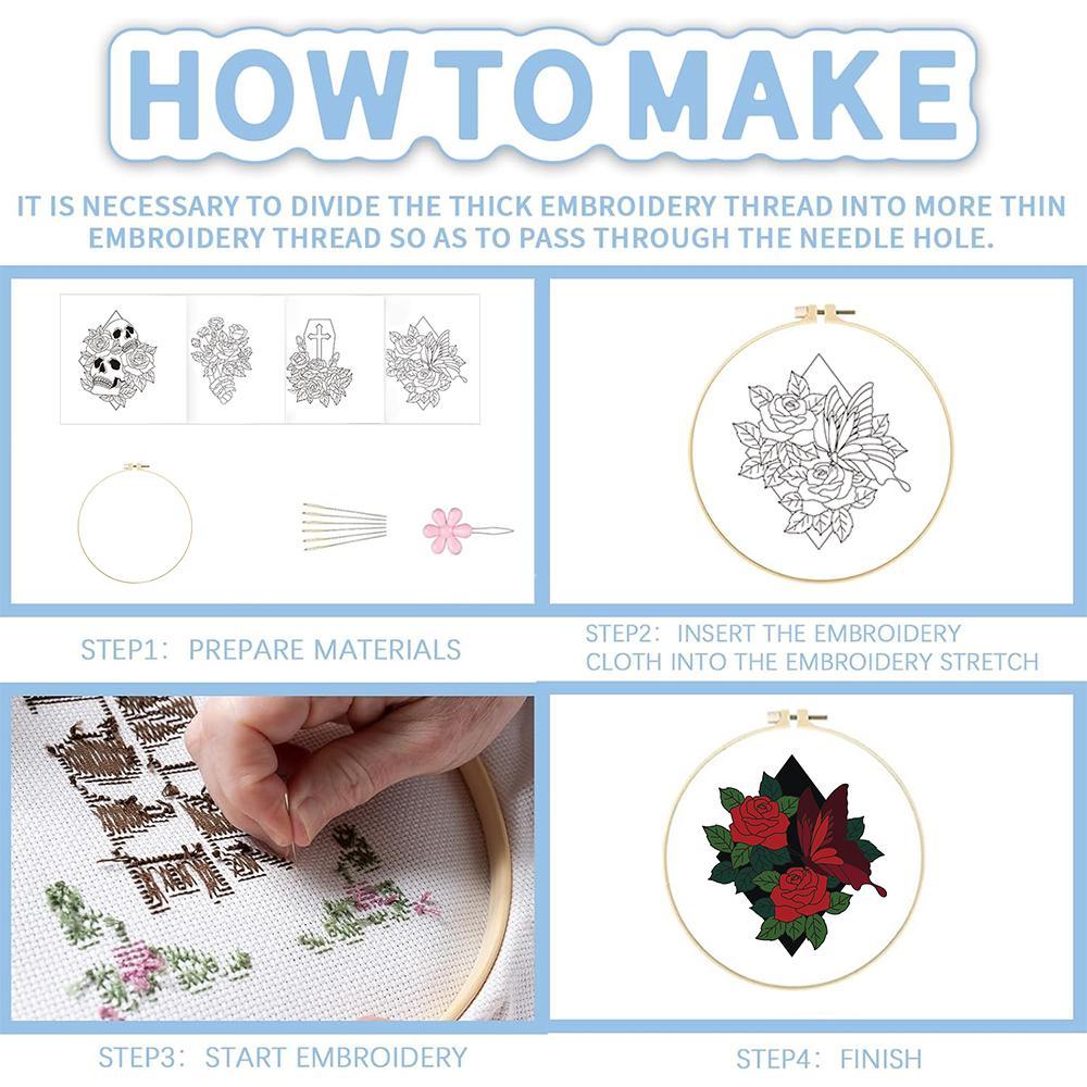 Skull & Flower Pattern Embroidery Kit, 4 Counts/set Diy Embroidery Kit with Random Color, Tools & Instructions, Embroidery Supplies for Beginners, Embroidery Design