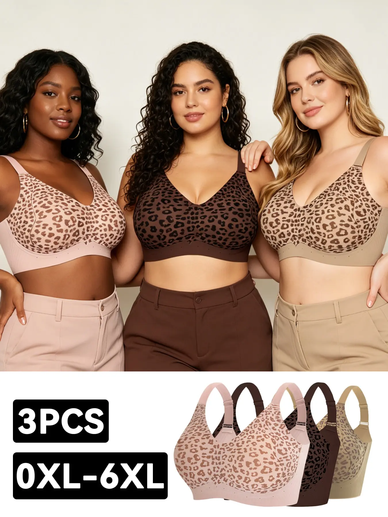 3 pieces of plus-size women's leopard bras, with soft and skin-friendly fabric, full of comfort, anti-sagging, lifting and adjustable design, providing comfortable daily support, suitable for comfortable daily wear, Underwear