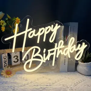 Happy Birthday Neon Sign, 17×12 Inch Warm White LED Neon Light for Wall Decor, Birthday Party Decoration with 2 Adhesive Pasters
