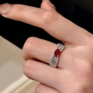 Women' Red Oval Wheat Ring - Vintage Elegant Suitable for Daily Wear & Parties, K Plated Wheat Stalk Jewelry, Retro Fine Ring for Valentine' Gift, Year-Round Korean/ Style Accessory