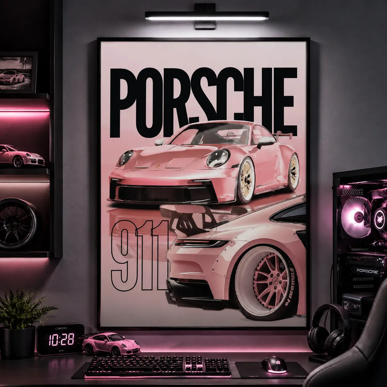 Porsche 911 Pink Canvas Wall Art Poster Modern Supercar Decor HD Print Luxury Sports Car Aesthetic Bedroom Living Room Garage Man Cave Automotive Gift for Car Enthusiasts Collectors Minimal Style