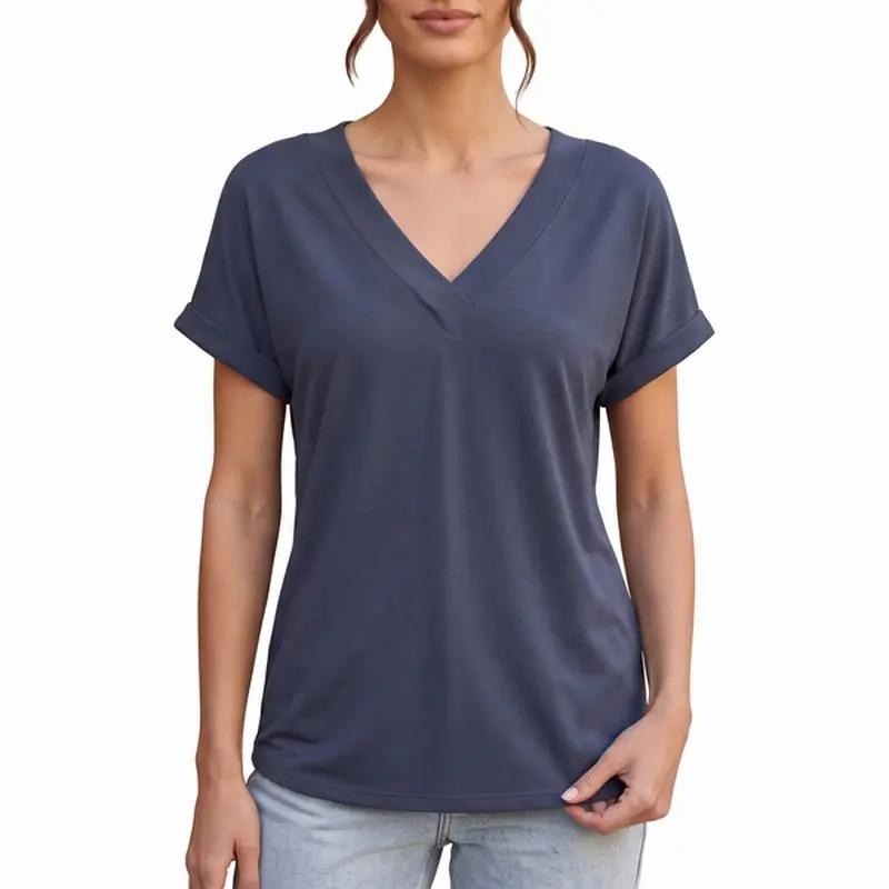 Women's V-Neck Short Sleeve Loose Fit Top, Casual Batwing Shirt for Spring and Summer