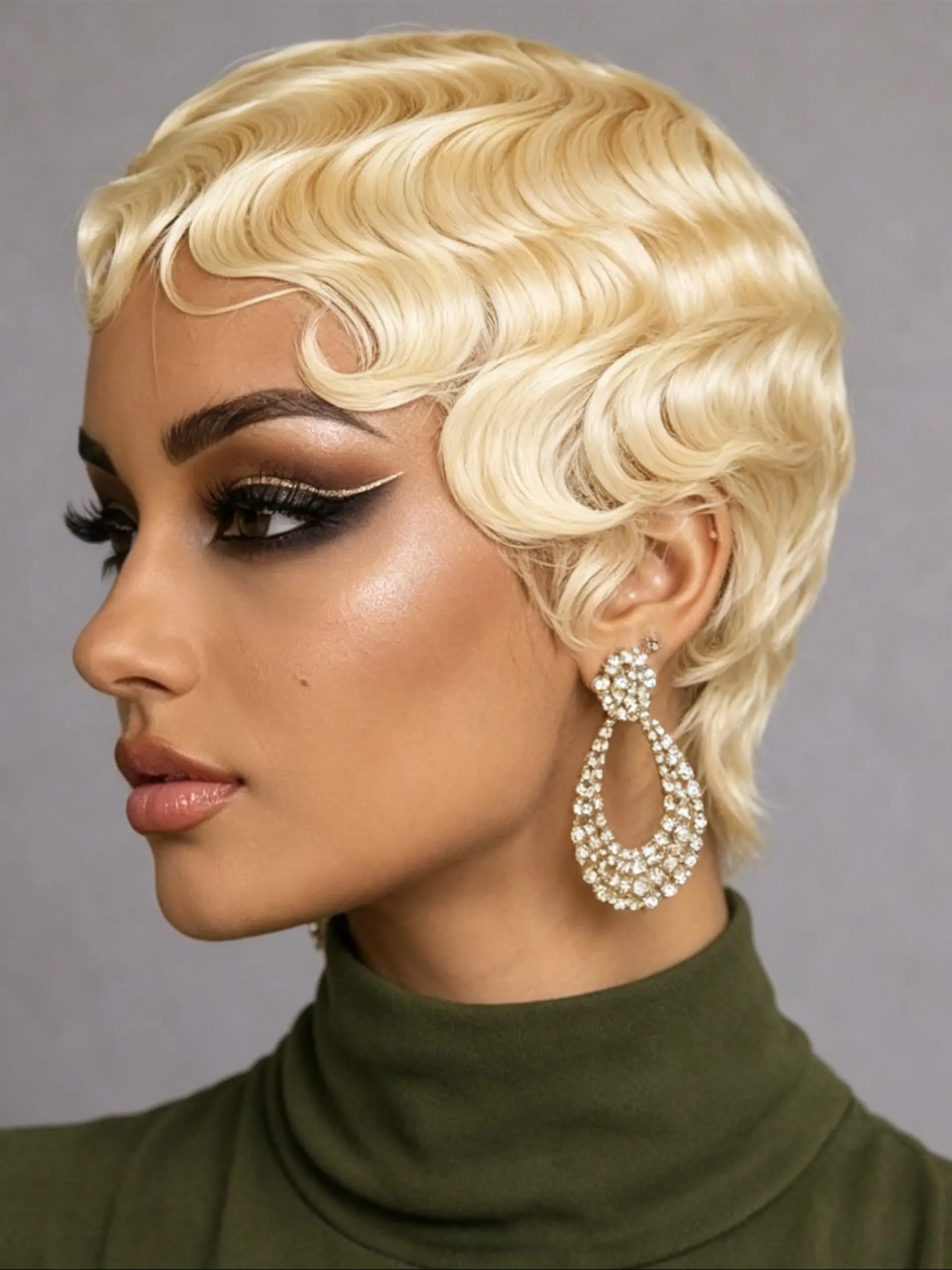 Short Blonde Finger Wave Human Hair Wig for Women, Pixie Cut Wig with Bangs, Curly Short Wigs, Machine Made Wig, 100% Human Hair