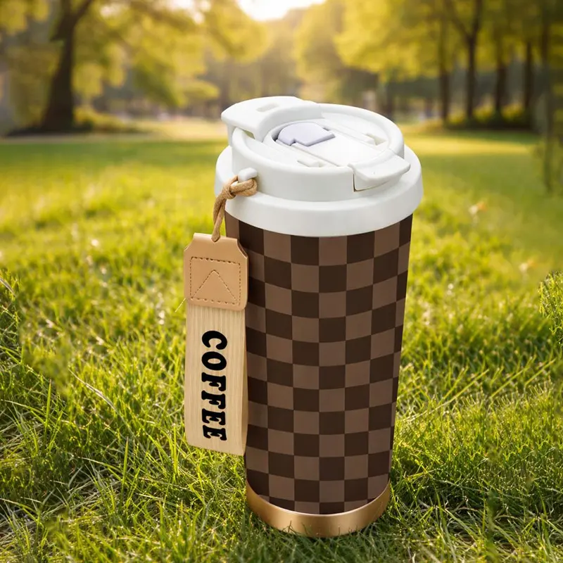 Mikenda 18oz Cylindrical Insulated Stainless Steel Single Tumbler - Double-Walled Vacuum, Classic Checkered Teal Check, Leak-Proof Lid, Handle, Travel Coffee Mug, Girlfriend Birthday Gift (Sports & Outdoor Camping Drinkware)