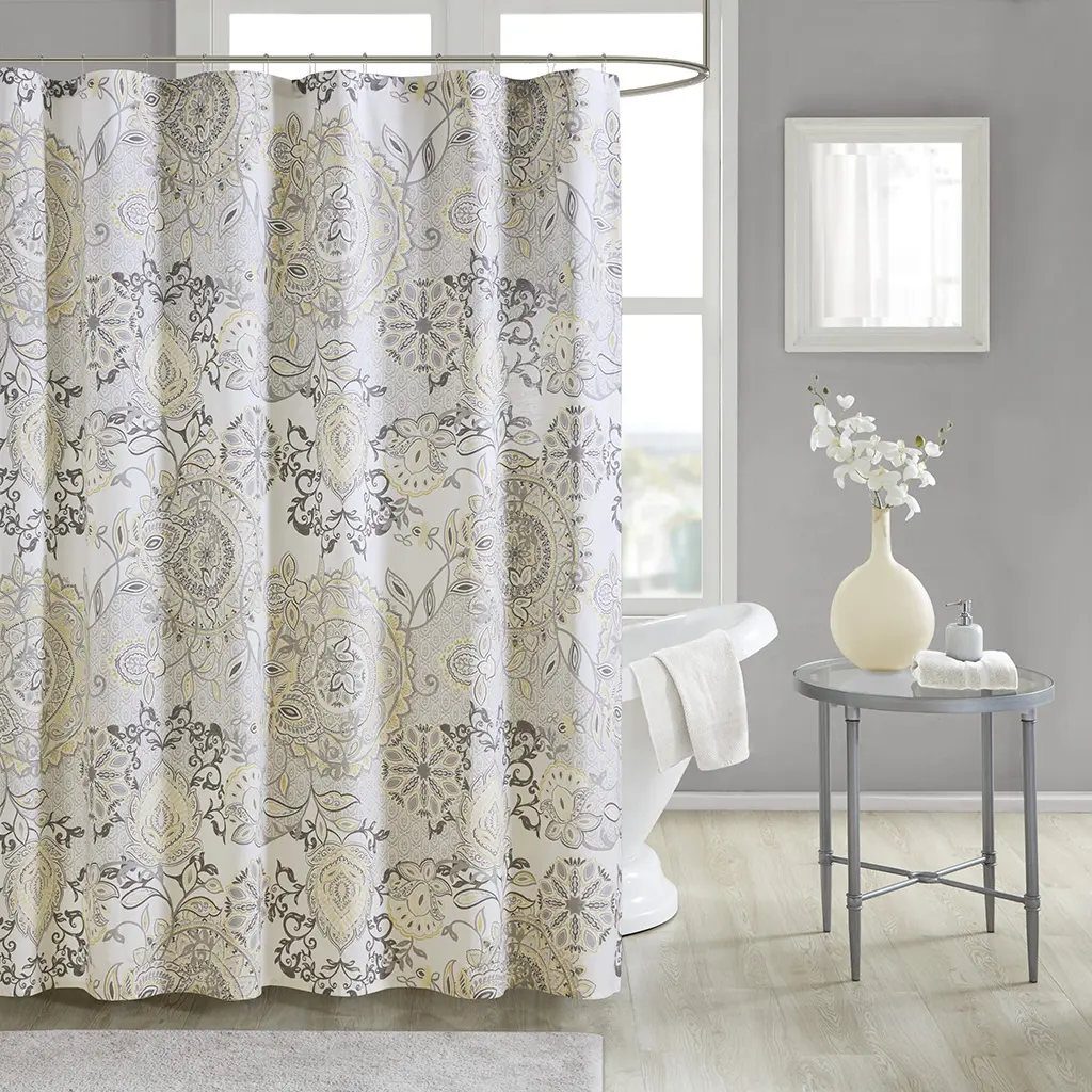 Nokaa Lightweight Printed Cotton Shower Curtain - Watercolor Floral & Medallion Bathroom Curtain, Oeko-Tex Certified, Machine Washable, Hanging, 72x72 Inches Standard Size, Yellow