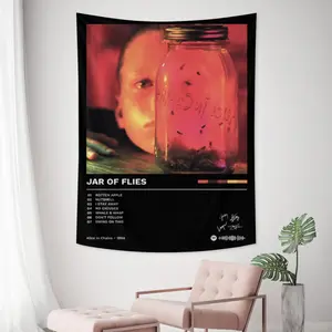 Alice In Chains band Jar Of Flies Tapestry - Big Glass Jar Filled With Insect Flies Warm Orange Tone Boy Face Poster Wall Hanging, Grunge Rock Music Tracklist Fabric Banner, Boy Dorm Decor