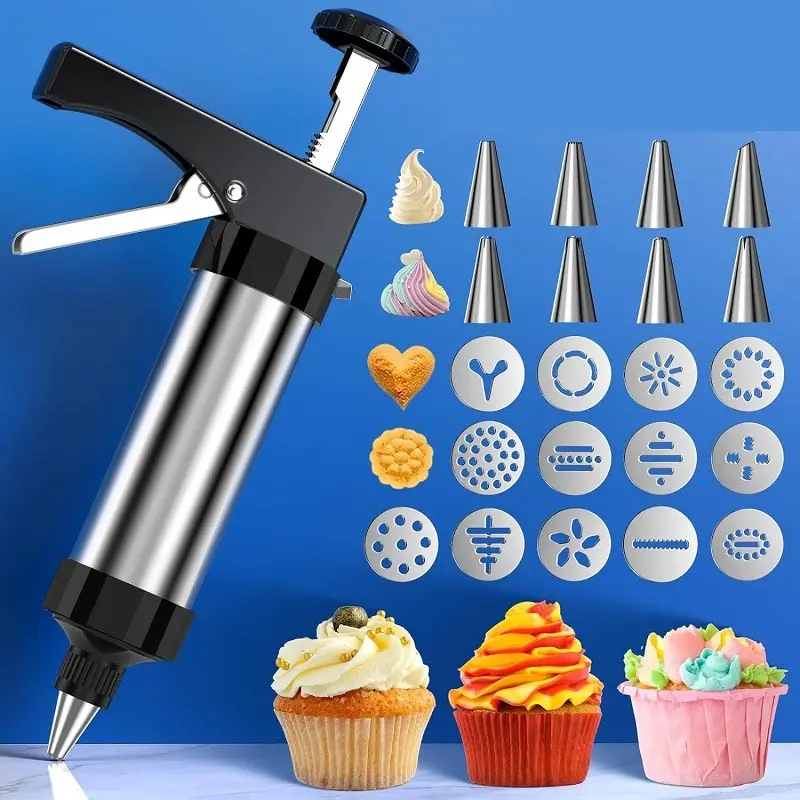 21-Piece Stainless Steel Baking Tool Set, Cookie Press Gun, Cream Injector, Icing Tips, DIY Dessert Tools, Cake Decorating Kit, Cookie Press For Baking