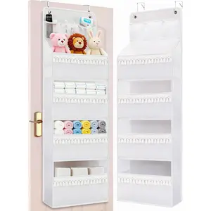 Over Door Organizer - Boho Nursery Organizer with Tassels -Behind Door for Bedroom,, Closet, Dorm, Pantry, Baby Diapers, Toys, Plush, 4, White