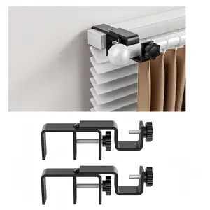 Tool-Free No-Drill Curtain Rod Brackets for Outside-Mounted Blinds, Fit 1.3–2” Rectangular Headrails, Ideal for Apartments and Rentals, Set of 2 Black