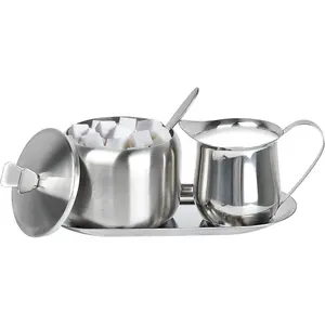 Stainless Steel Sugar and Creamer Set Coffee Serving Set - Cream Jug Sugar Bowl with Lid Spoon Tray for Coffee Tea Pepper Spices