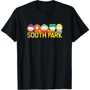Horizontal Classic Pop Culture Graphic T-Shirt Top Row Five Core South Park Characters Stan Marsh Kenny McCormick Eric Cartman Kyle Broflovski Butters Stotch Original Iconic Hat & Outfit Colors Below Large Thick Bold Yellow Black Outline SOUTH PARK Block