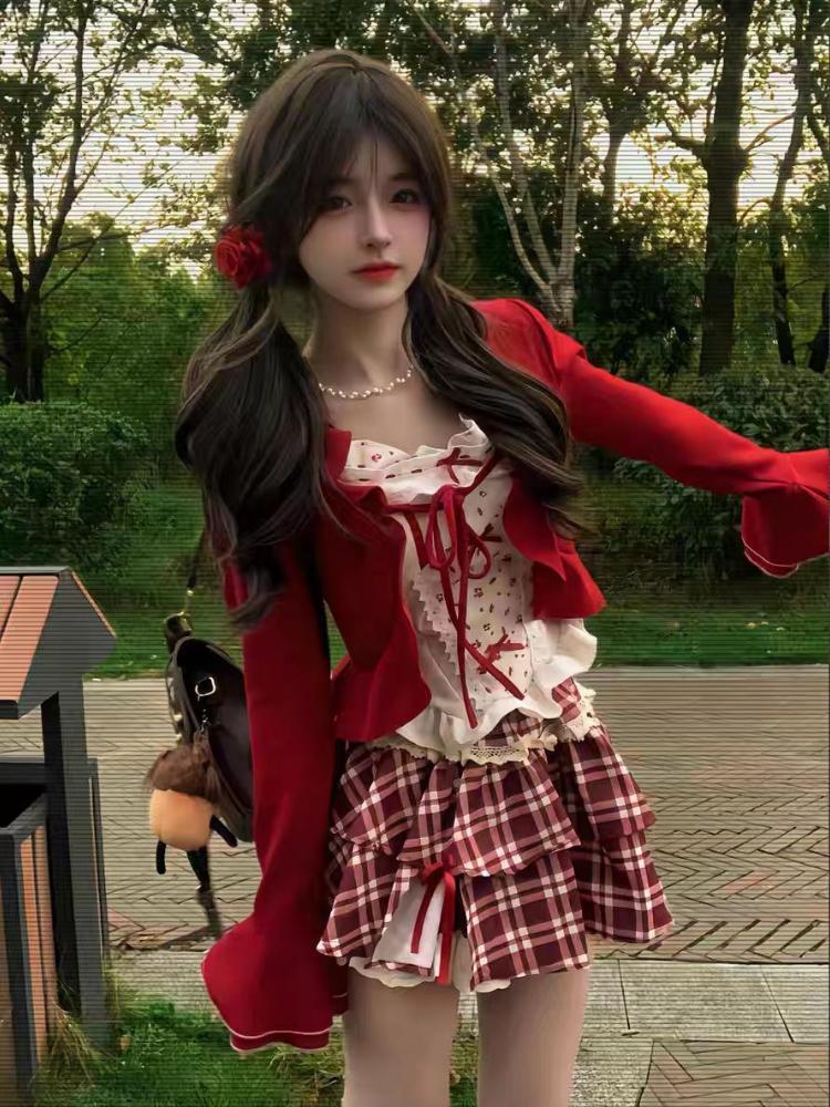 Autumn Sweet Lace Suit Women's Fashion Design Slim Bow Sling Long Sleeve Cardigan Hepburn New Red Plaid Short Skirt 3-piece Set