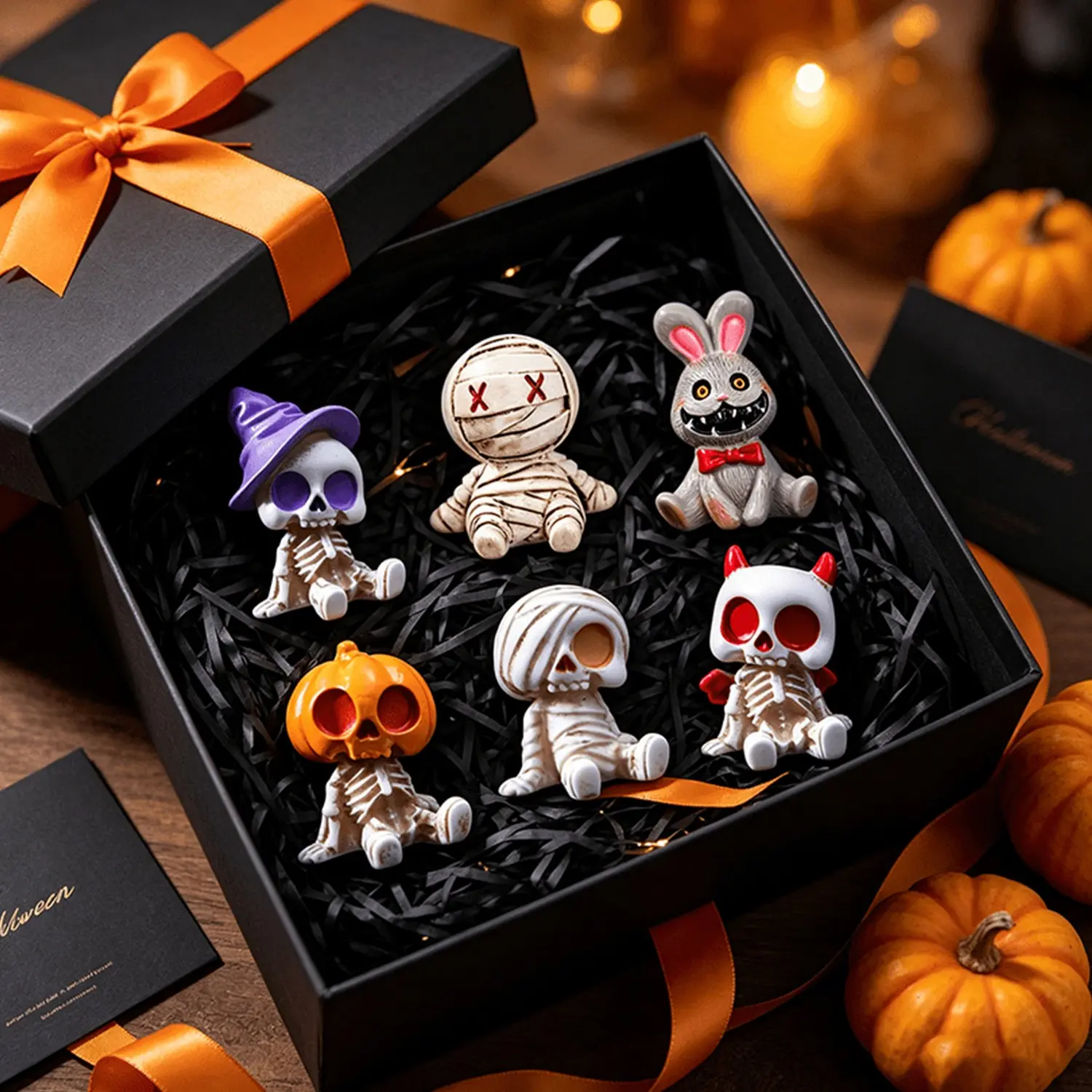 6 Piece Halloween Mini Resin Ornaments, Horror Skull Mummy Evil Rabbit Pumpkin Devil Micro Decorations, Gothic Small Terror Statues