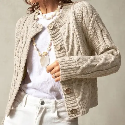 Women's Vintage Cable Knit Relaxed Cardigan, Casual Fashion Comfortable Knit Outerwear, Knitwear for Fall & Winter