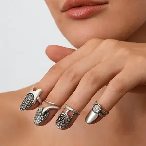Boho Vintage Magic 4PCS Adjustable Nail Ring Set, Retro Elegant Finger Armor Jewelry, Open Adjustable Nail Cuffs for Daily Party Outfits, Romantic Valentine Gift for Women