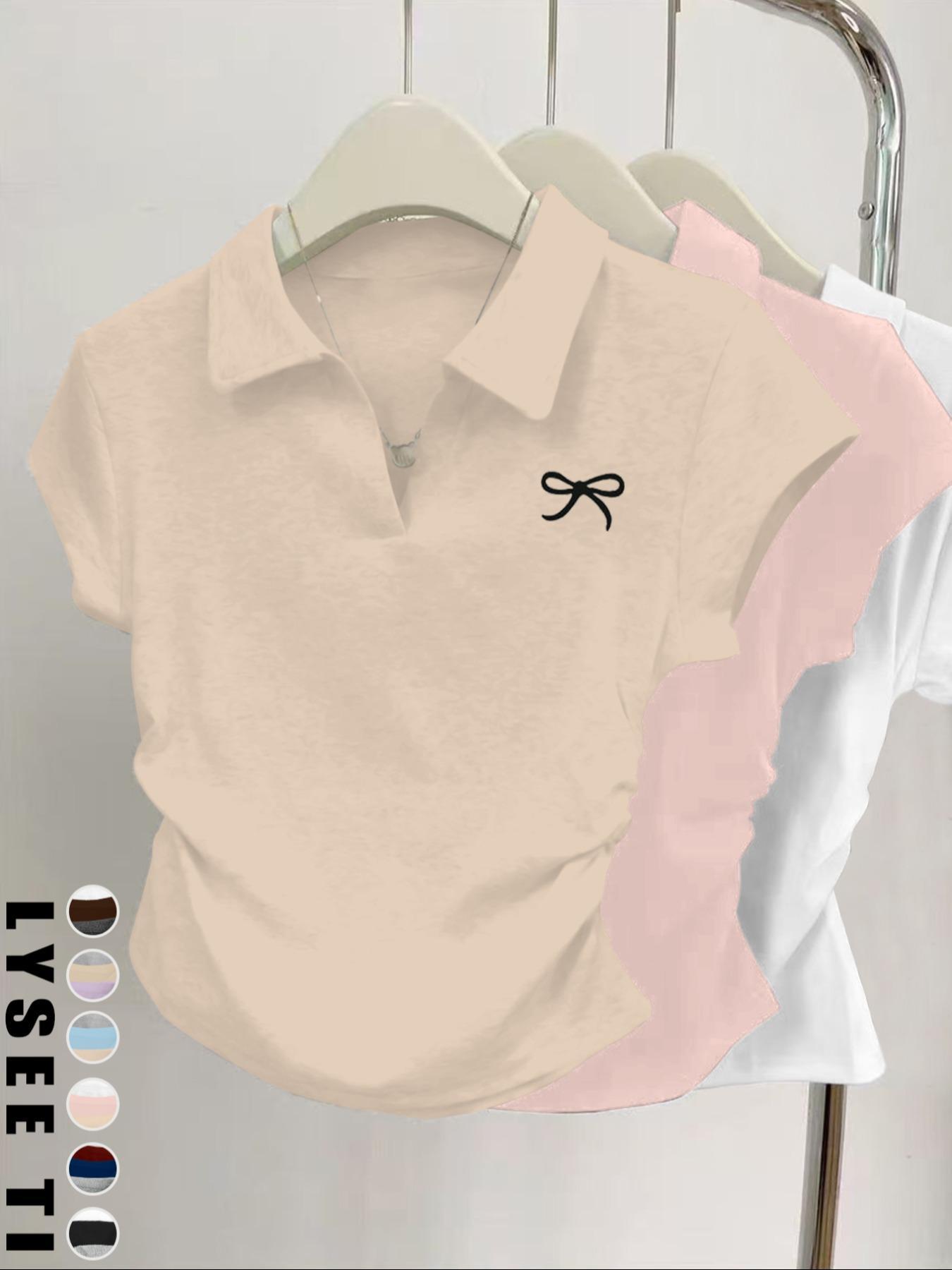 3pcs women's casual fashion butterfly pattern details simple solid color pleated polo collar pullover shirt women's short sleeved three piece T-shirt Polo Shirt Set