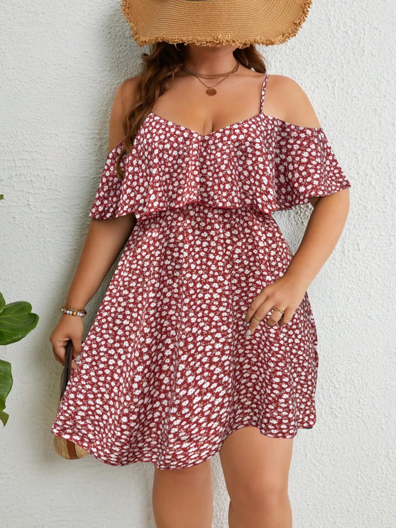 Plus Size Ditsy Floral Print Cold Shoulder Ruffle Trim A Line Dress, Boho Romantic Short Dress for Beach Vacation Holiday, Summer Outfits 2024, Dresses for Women, Women's Clothes for Summer