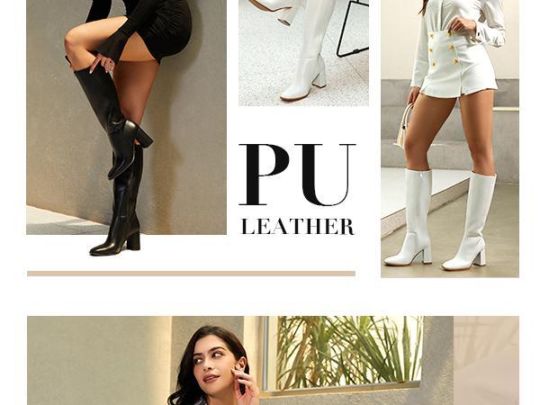 Women's Knee High Boots Fashion Chunky Heel Square Toe Tall Boots Side Zipper Long Boots