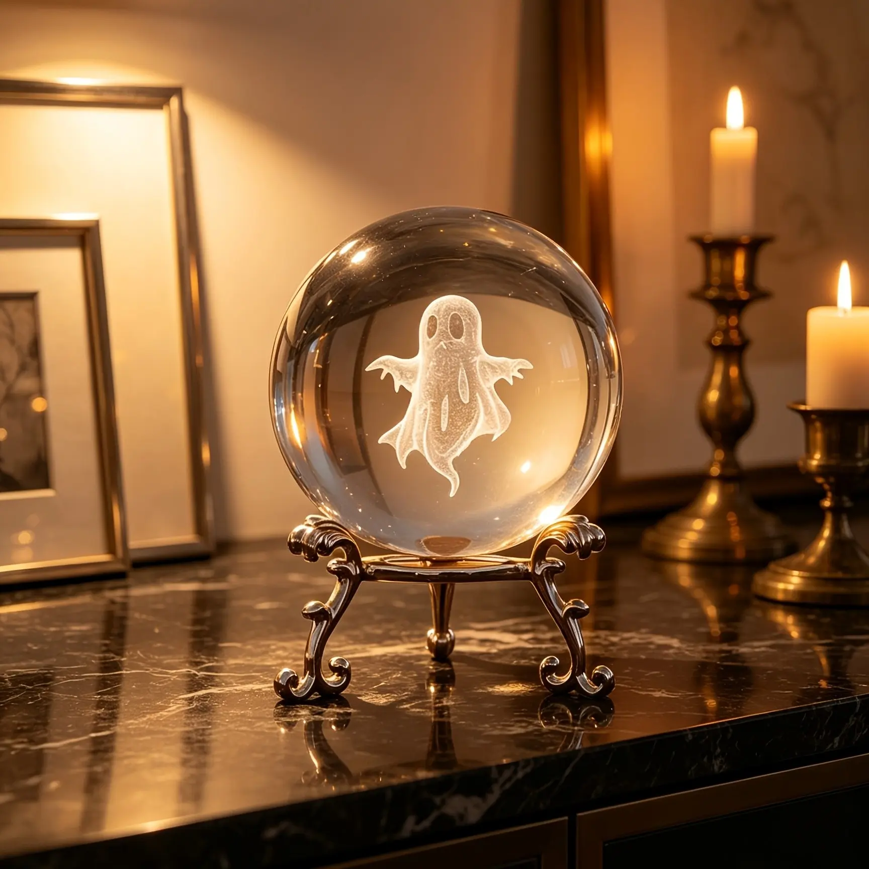 1PC 60mm Small Ghost 3D Laser Engraved Crystal Ball with Golden Stand, Exquisite Art Ornament, Home & Office Decor, Perfect Gift for Halloween & Christma