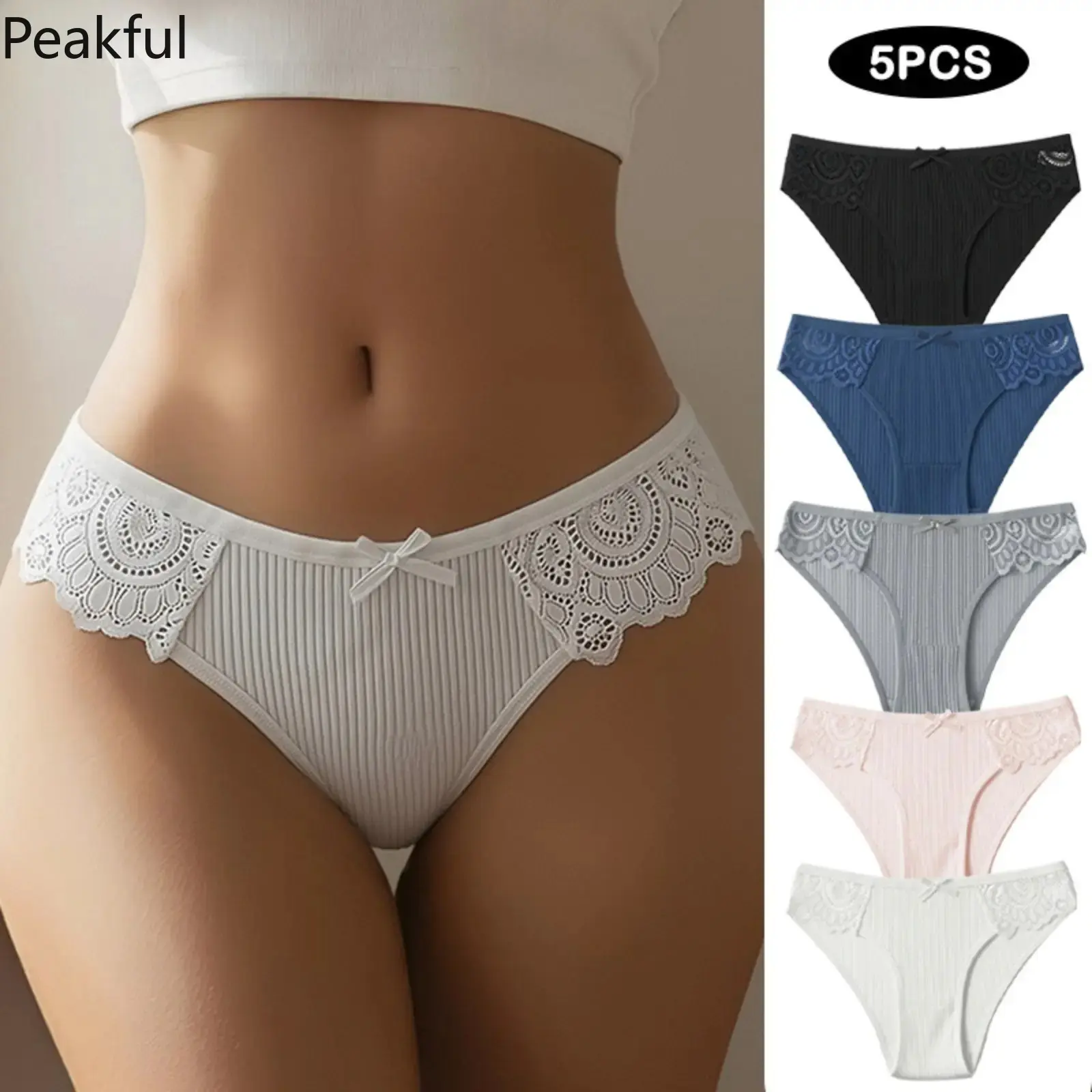 5Pcs Ribbed Cotton Bikini Briefs for Women, Sexy Lace Patchwork Bowknot Panties with Soft Stretchy Fabric, Breathable Underwear Multipack for Yoga, Lounge & Daily Wear