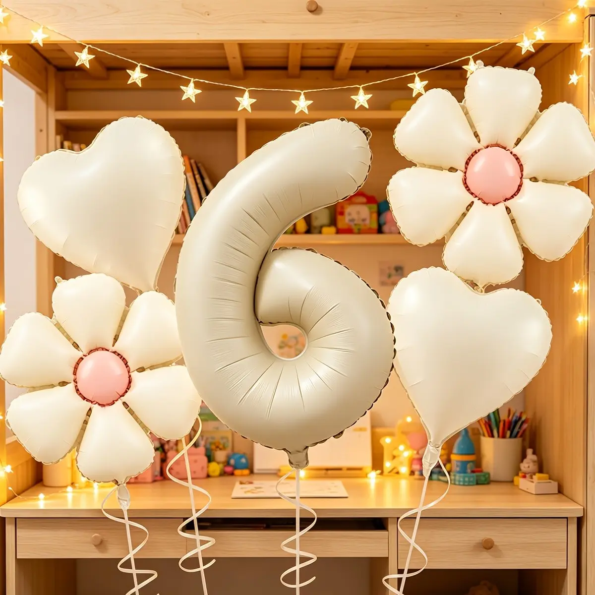 32inch Cream White Number Balloon 6 Digital Balloon with 18inch Daisy Balloons and heart balloons with white ribbon total 6pcs Balloon Set for 6th birthday anniversary wedding bridal shower graduation party decorations Balloon Decorations Kit