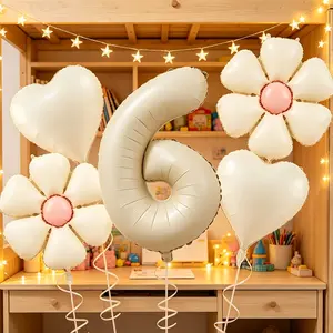 32inch Cream White Number Balloon 6 Digital Balloon with 18inch Daisy Balloons and heart balloons with white ribbon total 6pcs for 6th birthday anniversary wedding bridal shower graduation party decorations