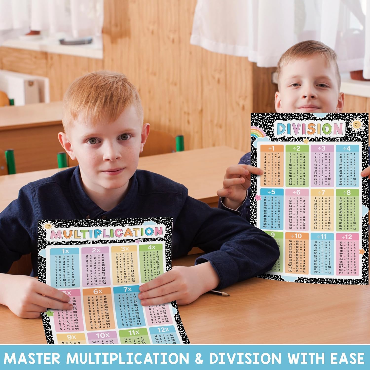 Multiplication Chart, 2 count Educational Math Posters for Classroom, Laminated Multiplication & Division Poster,  To School Mathematics Bulletin Board  Haves, Composition Notebook