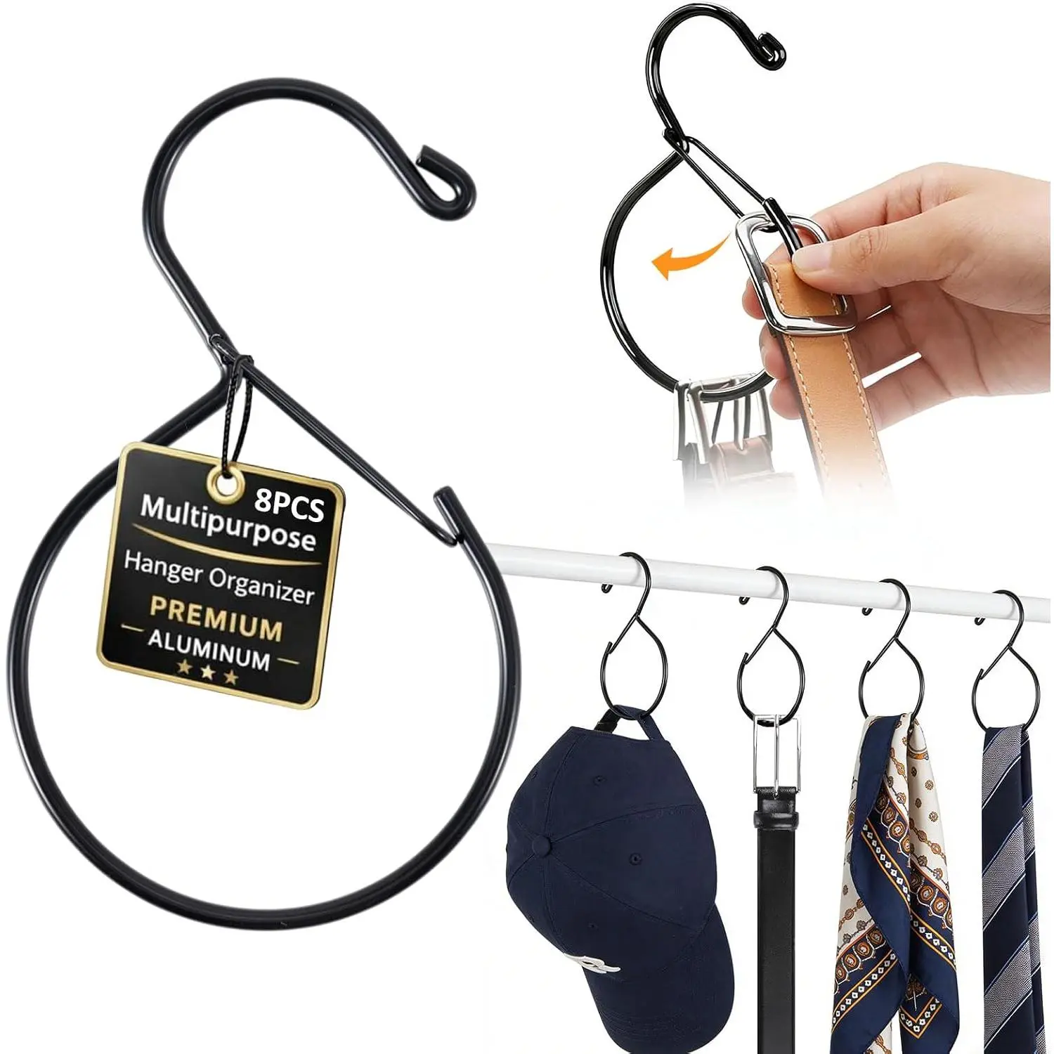 Belt Ring Hanger, 8 Pack Space-Saving Belt Organizer for Closet, Rust-Resistant Hanger forBelts, Scarves, Ties and Accessories, Multi-Purpose Closet Storage, Black (8PCS)