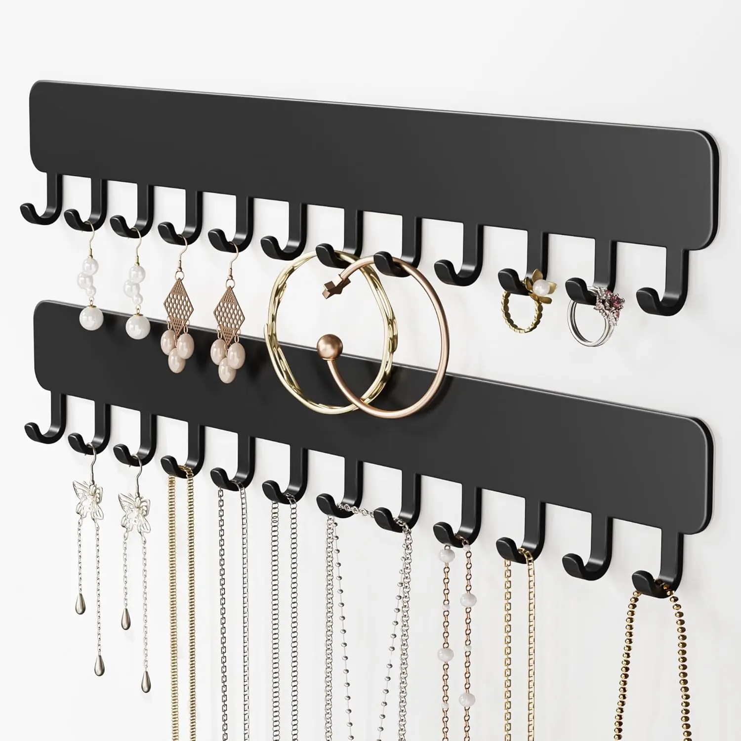 Wall-Mounted  Organizer, Self-Adhesive  Holder with Hooks for Necklaces, Bracelets, Earrings - Display Storage for Women, 2 count, Black