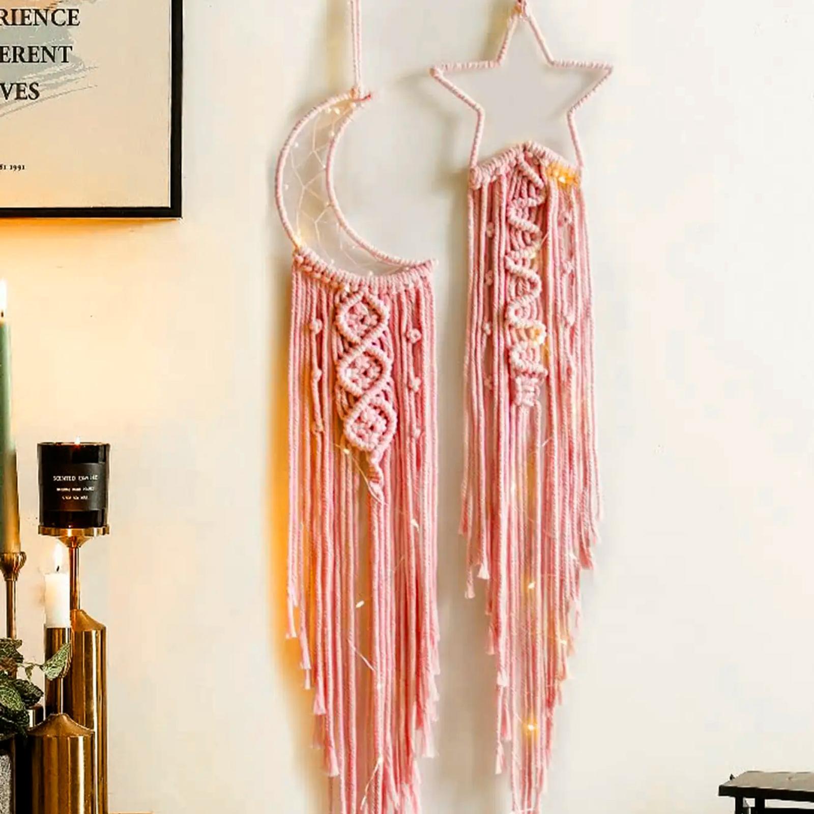 Tassel Dream Catcher Hanging Ornaments, 1 Set Hand Woven Lace Stars Moon Dreamcatcher Wall Hanging Decor without LED Lights, Hangable Wall Art for Home, Bedroom, Hanging Room Decor, Boho Decoration, Interior Wall Decor