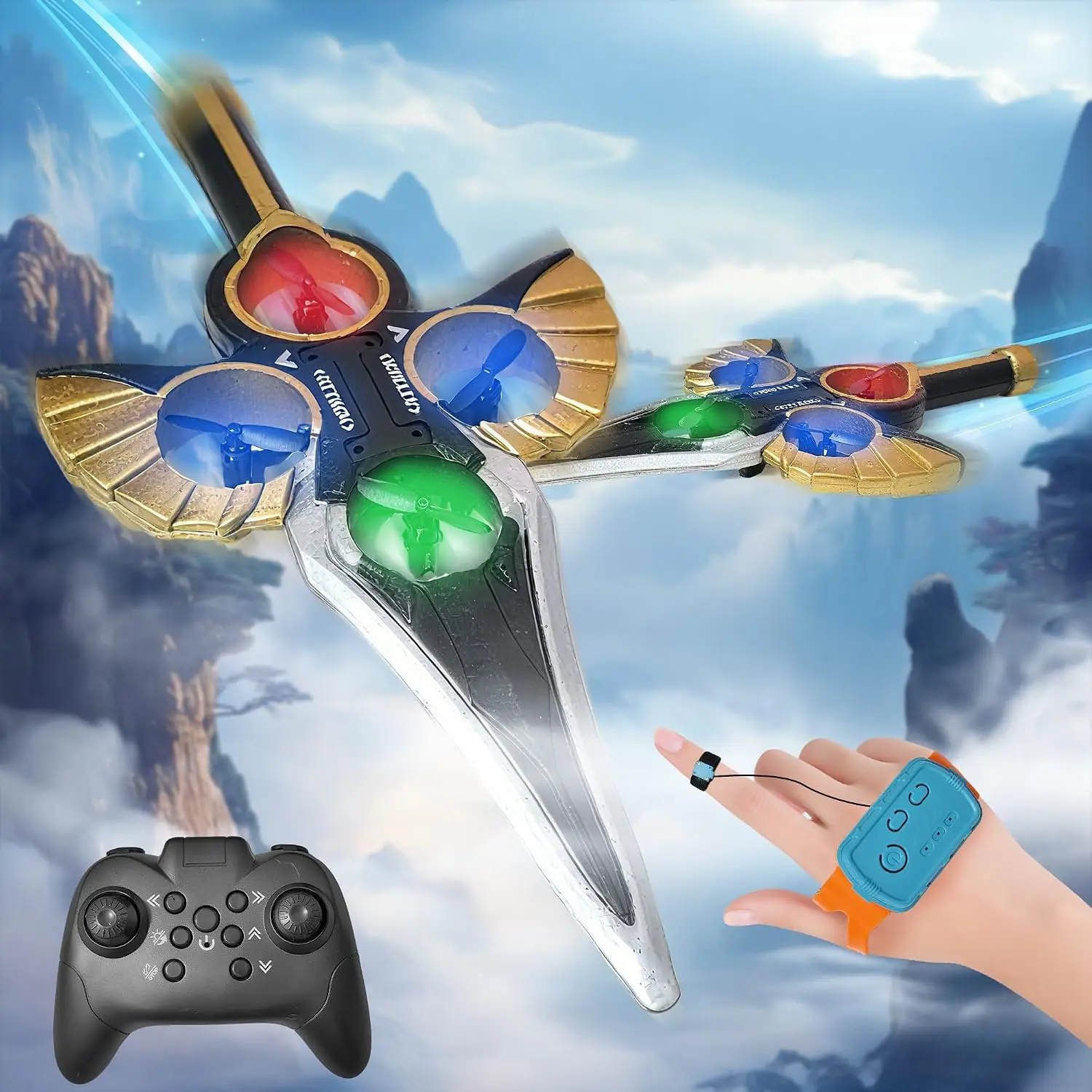 Flying Sword RC Airplane - Unisex Gesture & Gravity Sensing Remote Control Toy with Light, 360° Flip, Stunt Roll, Birthday Gift for 8-16/10-12 Years/12 Years Above Kids, Adults, Gold, 3 Speed Settings