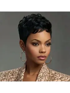 Short Bob Wig ForWomen Pixie Cut Wigs Glueless Wig None Lace Front Wig With Bangs Natural Black Straight Full Machine Made Short Layered For Daily Use