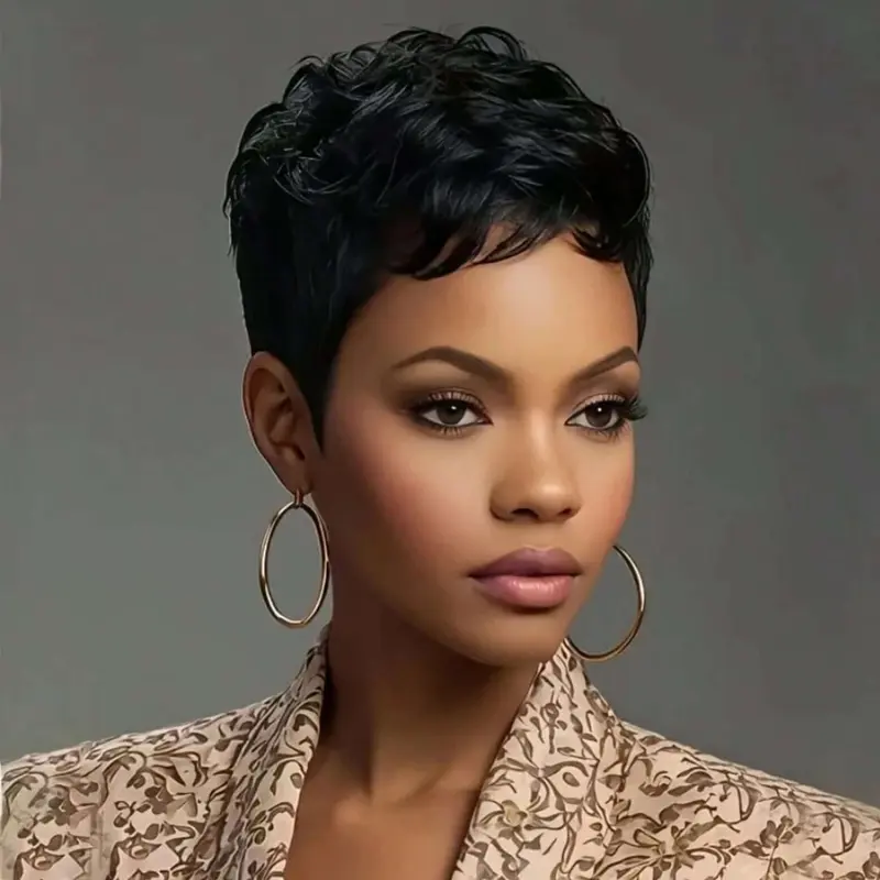 Short Bob Wig ForWomen Pixie Cut Silky Straight Wigs None Lace Front Wig With Bangs Natural Black Straight Full Machine Made Short Layered For Daily Use Silky Top Wig Soft Bob Wig