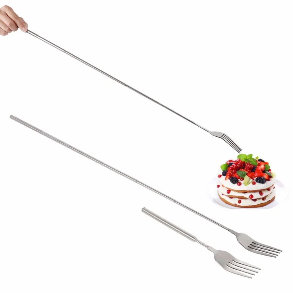 Telescopic Stainless Steel Dinner Fork, Extendable Long Handle Metal Fork for Serving Salad, Fruit, Dessert, Light Meals, Retractable Portable Extending Eating Utensil for Home Kitchen
