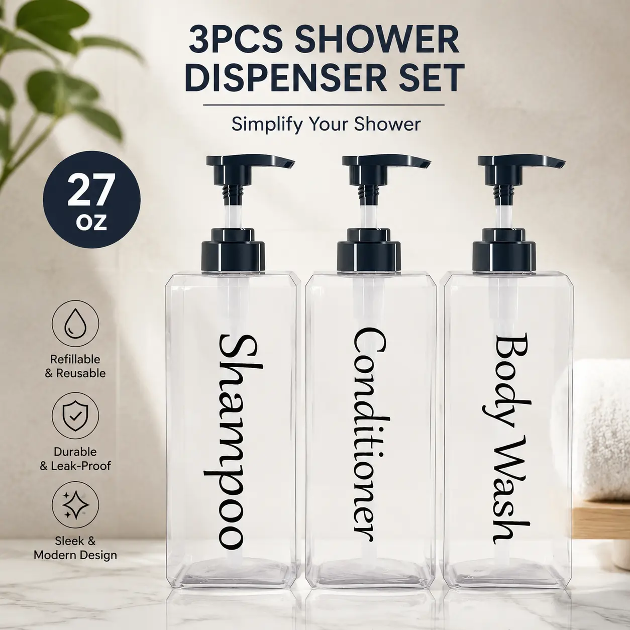 Clear Shampoo and Conditioner Dispenser Set of 3, 27oz Refillable Empty Bottles for Shower, Body Wash and Soap, Modern Bathroom Accessories for Shower Organization