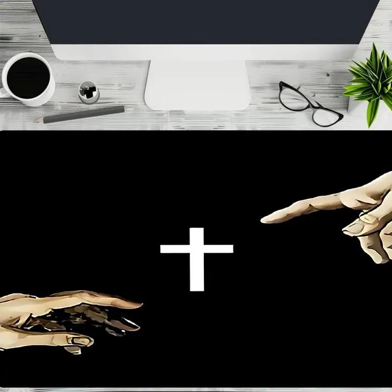 Aesthetic Vintage Rectangle-Shape Extended Mouse Pad with Creative Gesture & Cross Finger Pattern, Stitched Edge, Fall Desktop Accessory for Gaming & Work