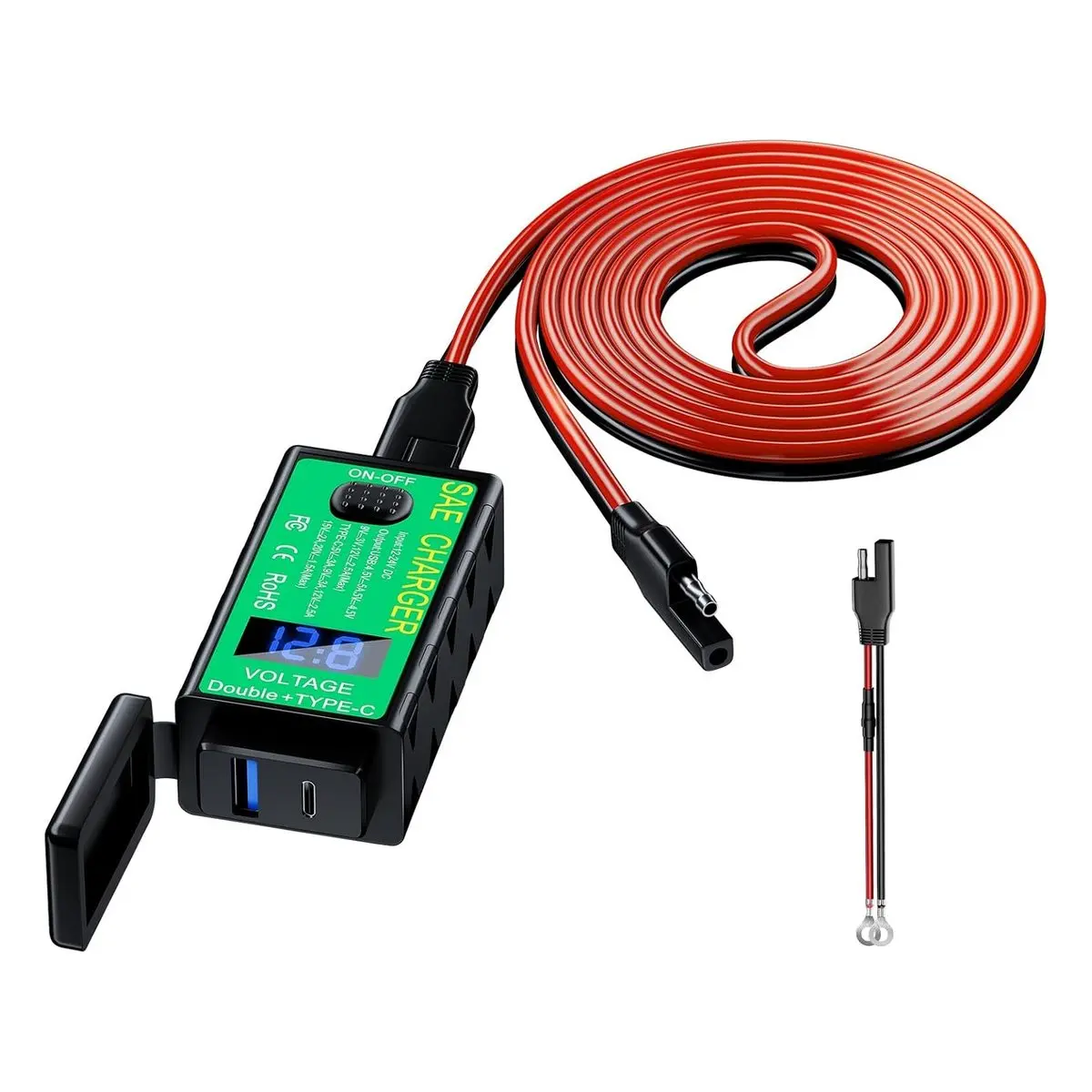 60W 6.8A Dual USB Motorcycle Phone Charger with SAE-to-USB Adapter, Voltmeter, On/Off Switch, Type-C PD, QC 3.0 Fast Charge, Waterproof Design for On-the-Go Automotive & Motorcycle Use, Fastcharge