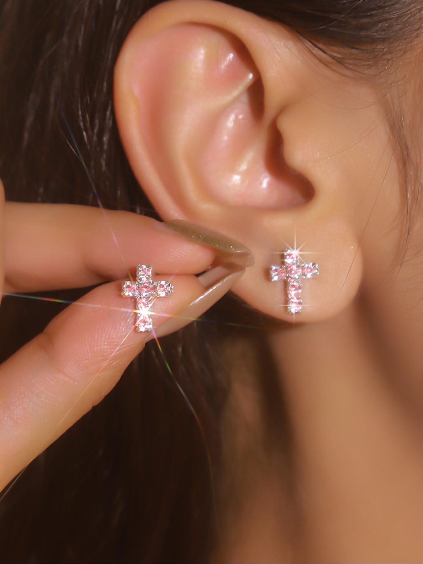 Rhinestone Decorated Cross Design Stud Earrings, Elegant Cubic Zirconia Jewelry for Party, Daily Clothing Decor, Trendy All-match & Exquisite Jewelry for Birthday Gift, Girl Accessories, Studded Cross Earrings, Ear Studs