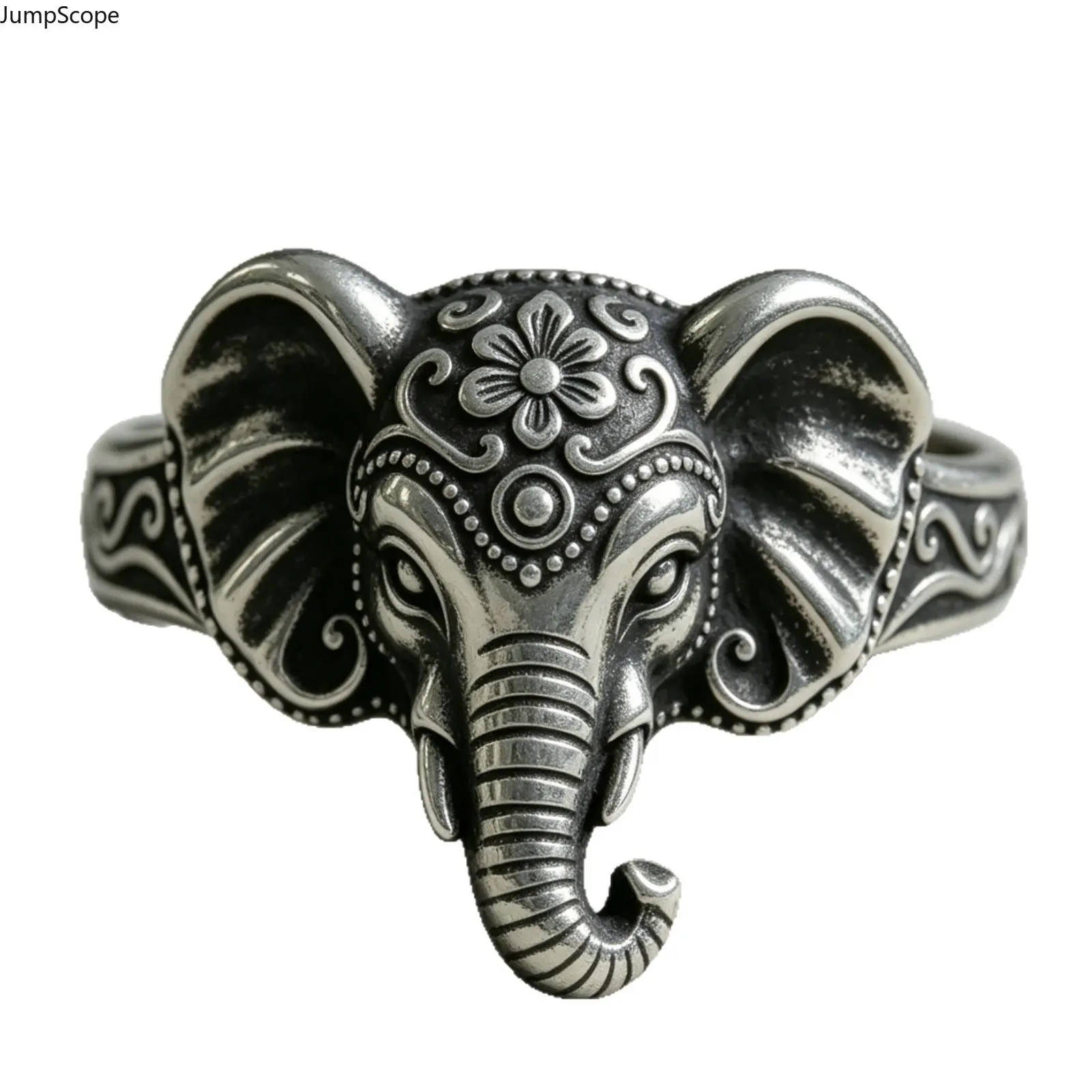 Antique Silver Floral Scroll Engraved Elephant Head Ring, Vintage Spiritual Boho Band, Unisex Animal Statement Finger Jewelry