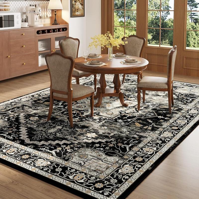 8x10 Washable Area Faux Cashmere Rug for Living Room, Non-Slip Soft Boho Vintage Medallion Carpet, Low Pile Distressed Rugs for Bedroom, Dining Room, Home Offi