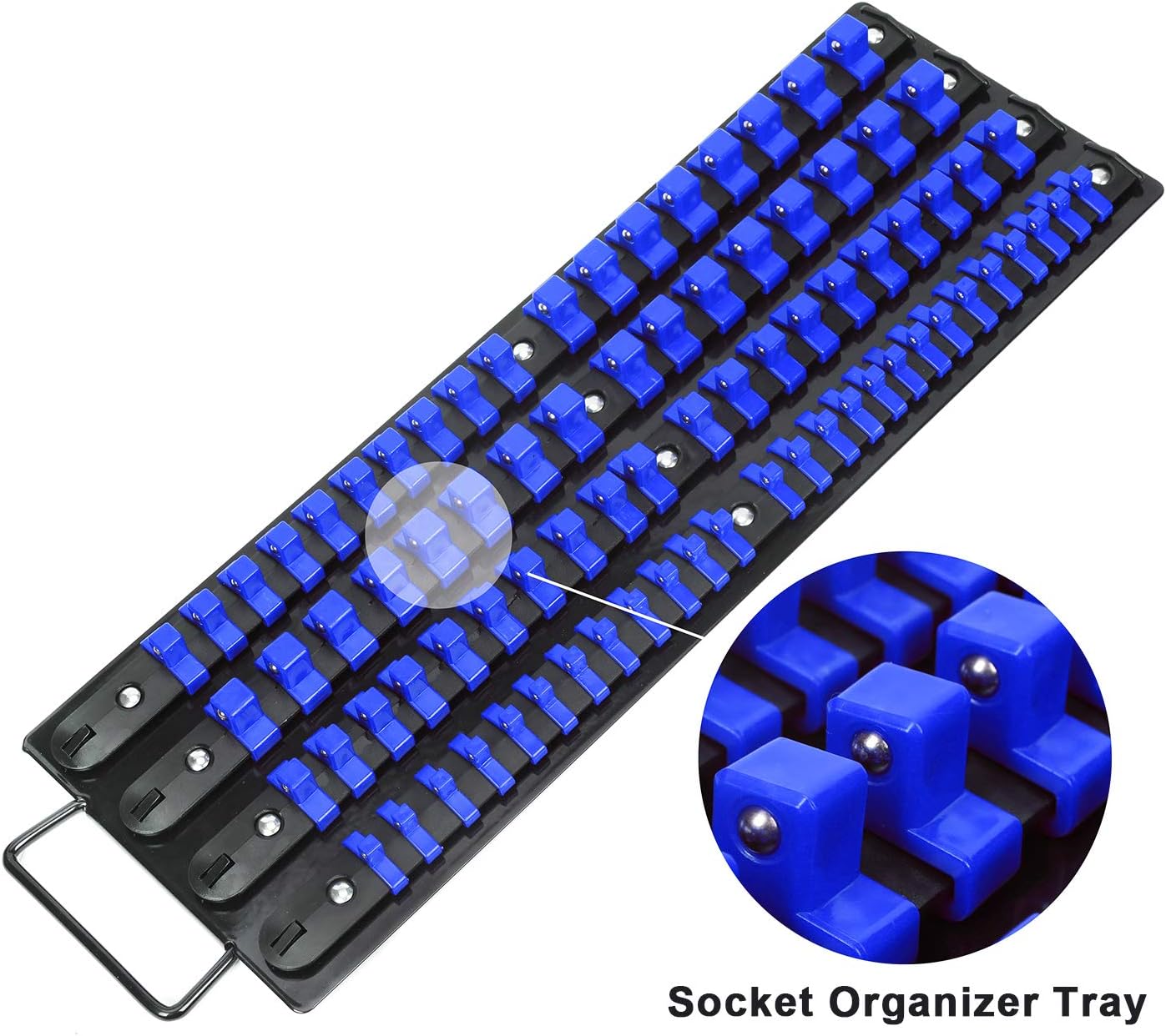 80- Portable Socket Organizer Tray, 2 count Set, Blue & Red, Tools Organizer 1/4-Inch, 3/8-Inch, 1/2-Inch, Heavy Duty Socket Holder, Black Rails, Blue & Red Clips