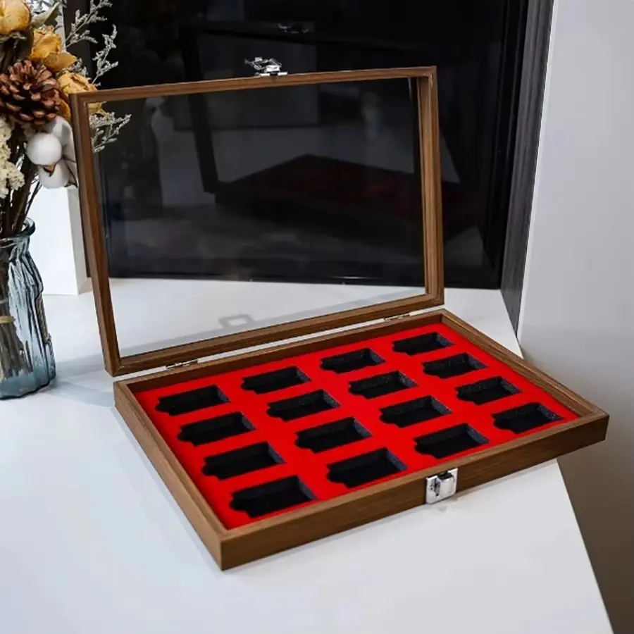 16-Position Lighter Storage Box, Transparent Glass Lid Display Case, Collectible Lighter Showcase, Desktop Decorative Organizer