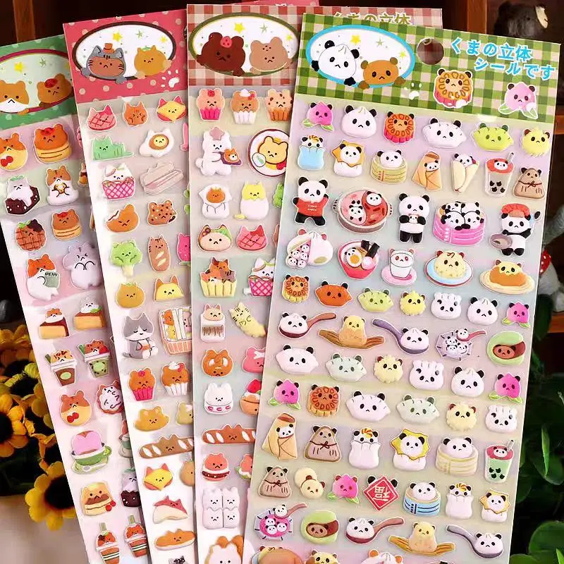 4 pcs/8 pcs Cute Bears Dessert Food 3D Puffy Stickers Adhesive Sticker DIY Diary Stationery Sticker Gift School Office Supplies