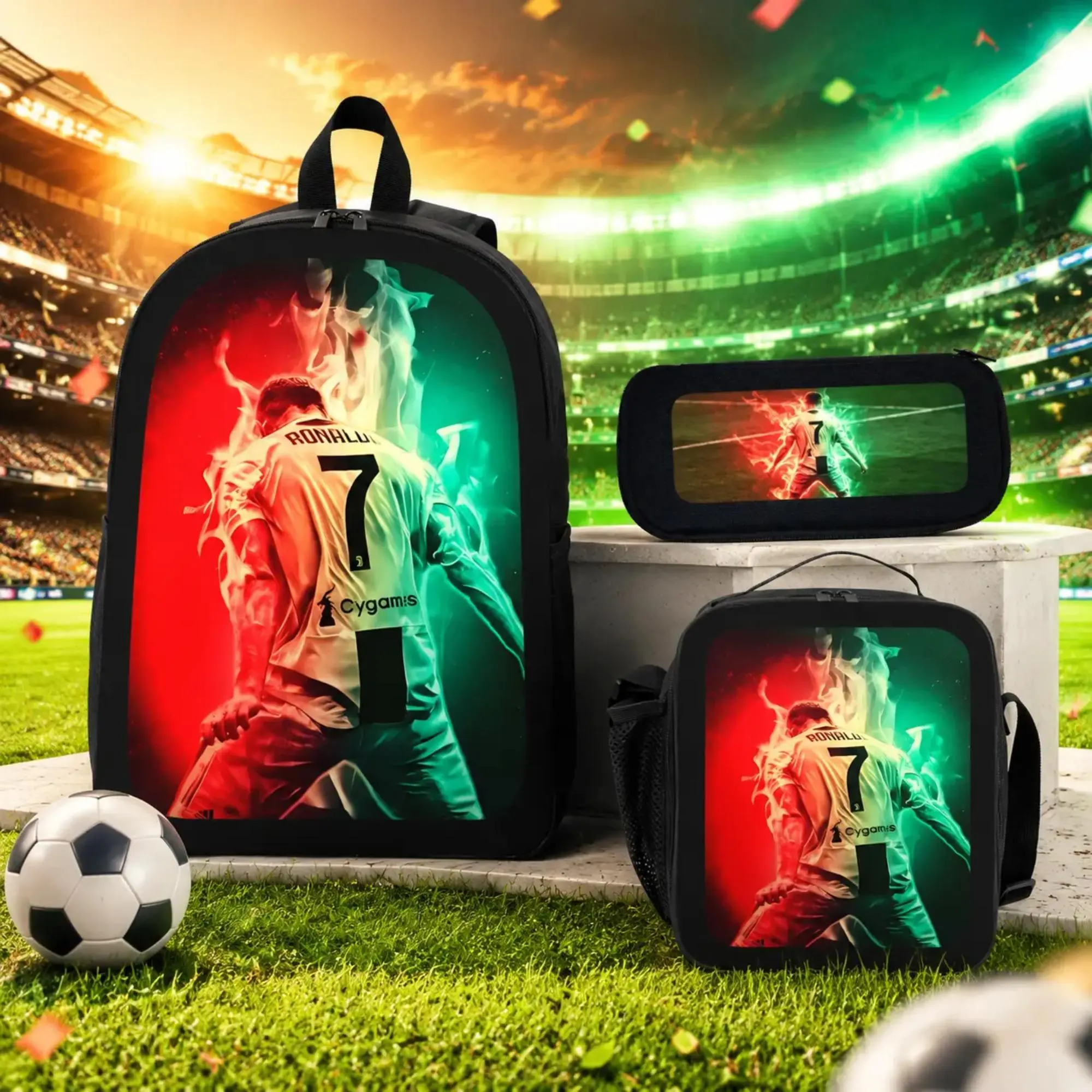 Football Fashion 3-Piece CR7 Backpack Set Students Backpack with Soccer Player Pattern, Padded Straps, Insulated Lunch Bag Built-In Organizer