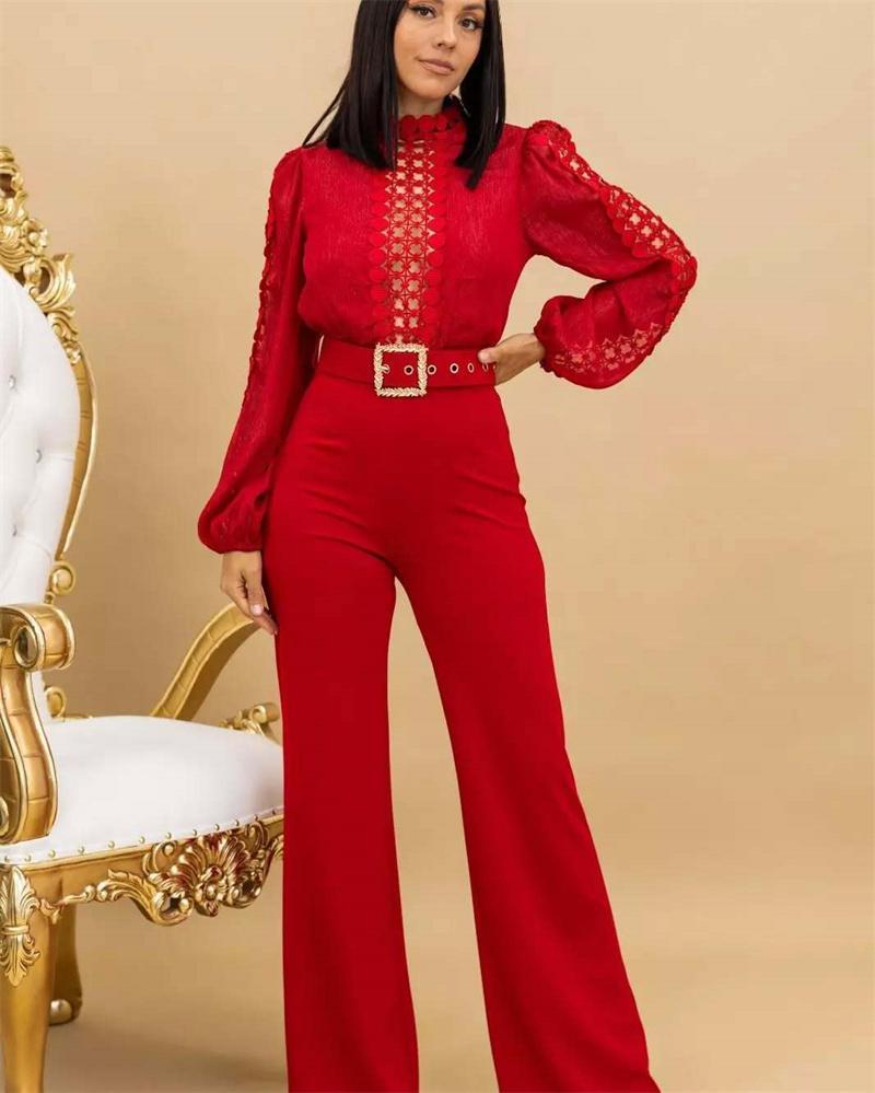 Woman Jumpsuit Birthday Long Sleeve Hollow Out High Waist One Pieces Overalls Club Party Outfits with Belt