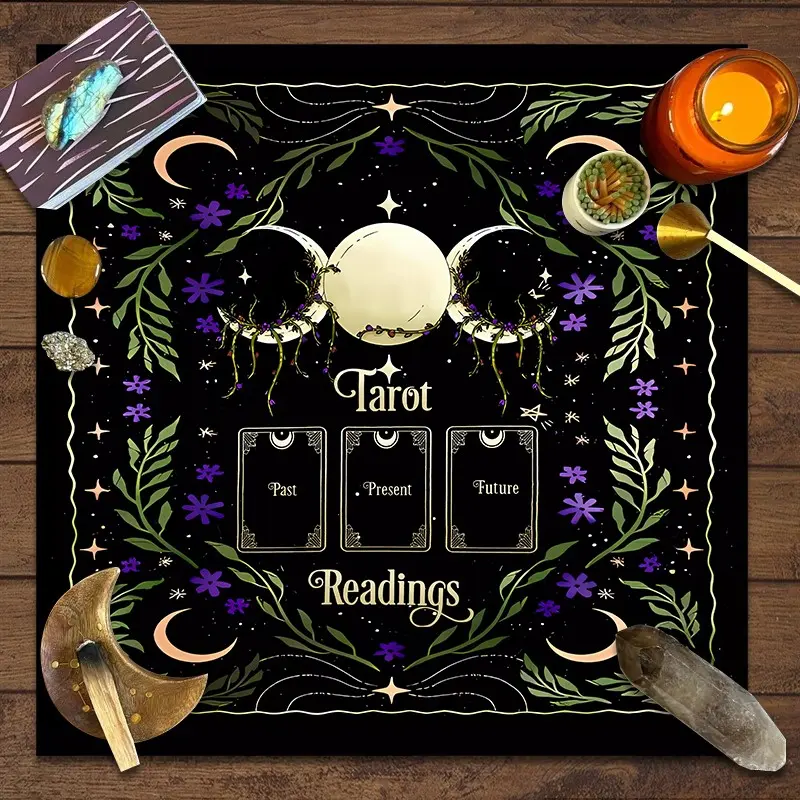 1pc Black Background Triple Moon Tarot Spread Cloth Past Present Future Printed Position Purple Floral Altar Mat Soft Fabric Tarot Table Tapestry Mystic Wiccan Witchy Spiritual Card Reading Decor Gift