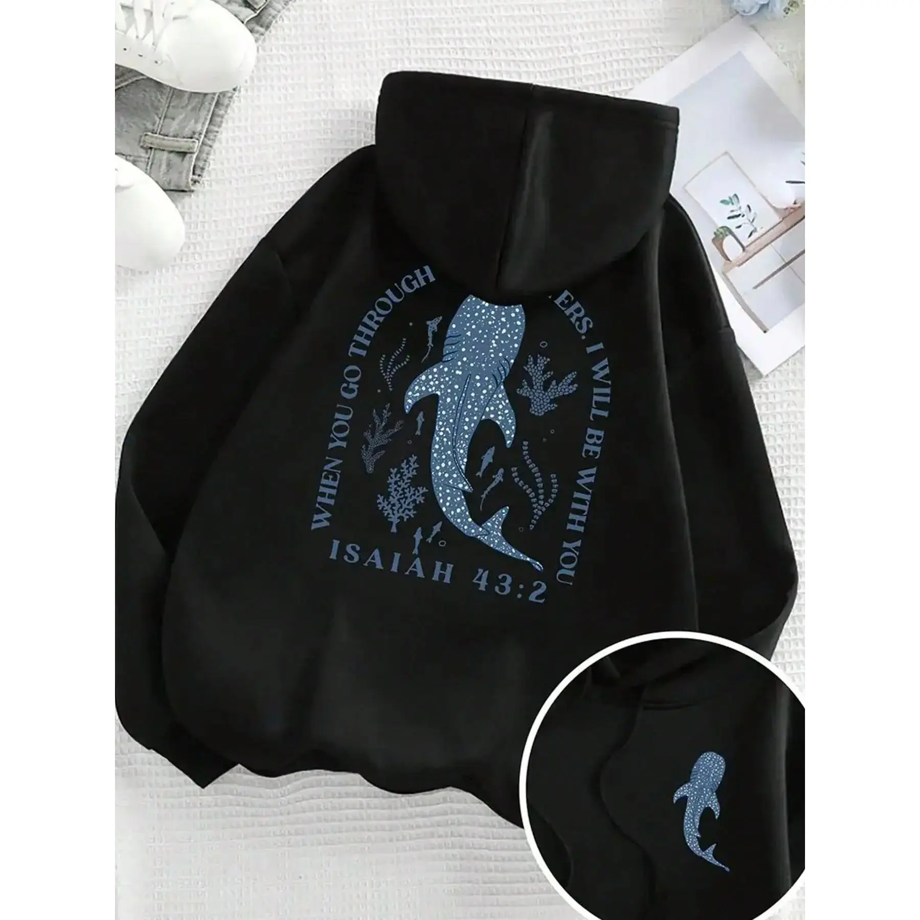 When You Go Through Waters, I Will Be With You Double Print Hoodie 270G Brushed Fleece Whale Shark Isaiah 43:2 Ocean Christian Hooded Sweatshirt Religious Nature Aesthetic Casual Pullover for Men and Women